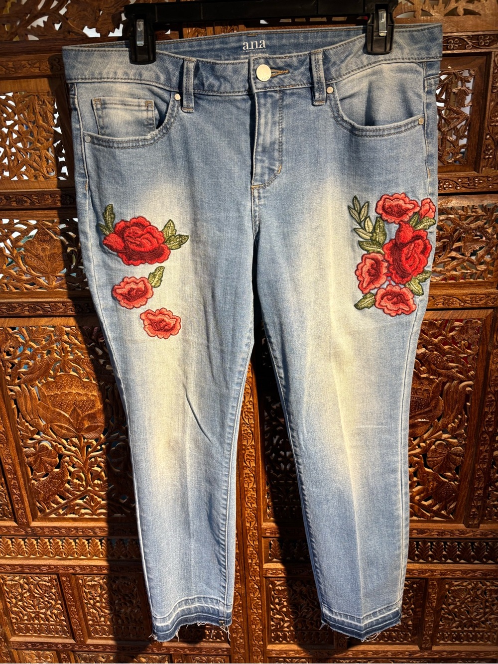 a.n.a Light Blue Straight Leg Jeans with Red Rose Embroidery